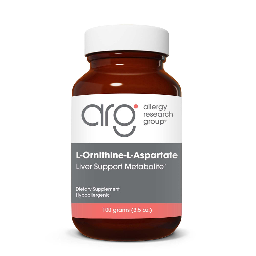 Allergy Research Group L-Ornithine-L-Aspartate powder bottle shown for liver support.