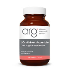 Allergy Research Group L-Ornithine-L-Aspartate powder bottle shown for liver support.