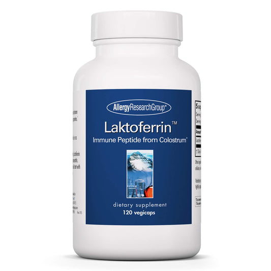 Allergy Research Group lactoferrin bottle highlighting iron binding support for daily wellness.