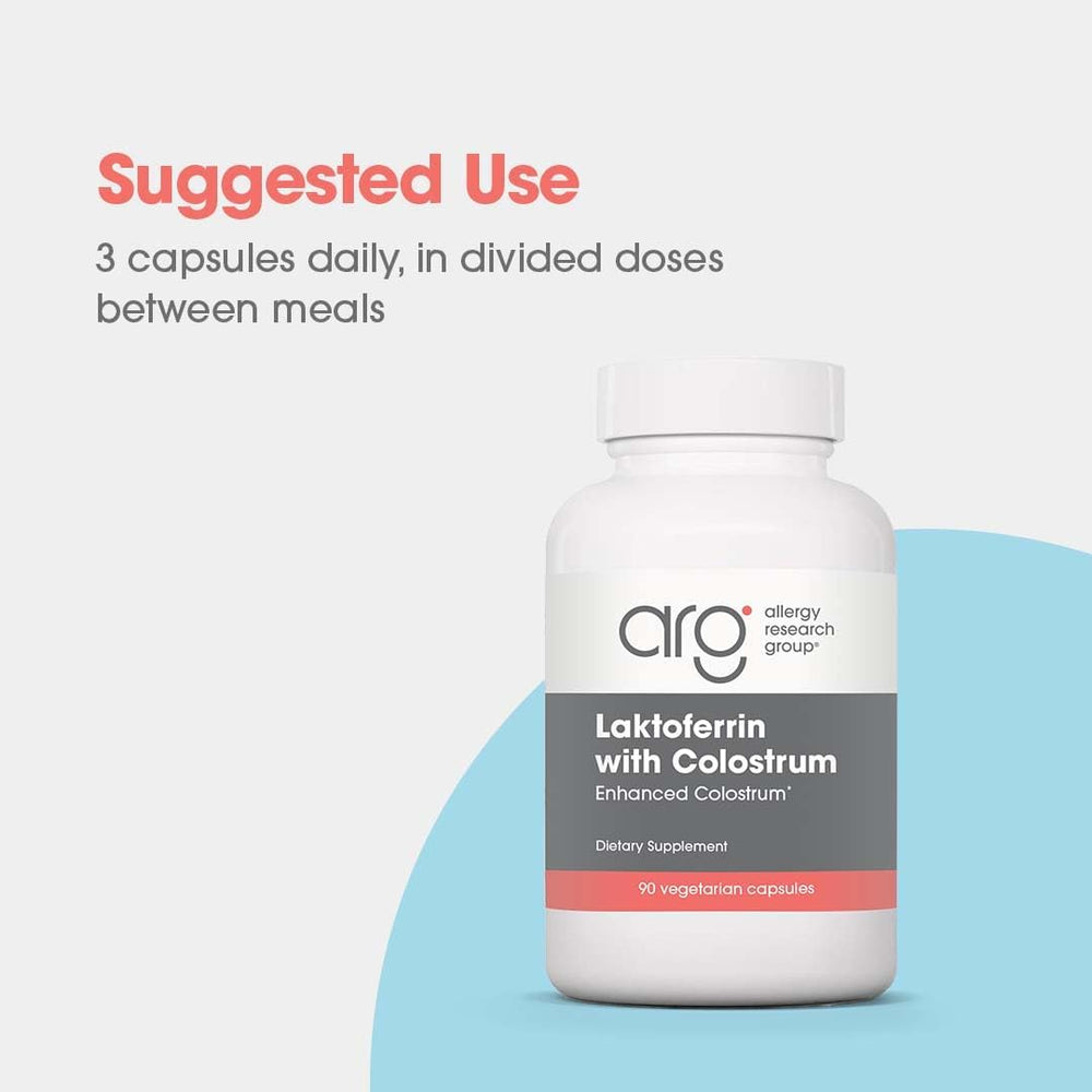 Allergy Research Group Laktoferrin bottle shows growth factor content.
