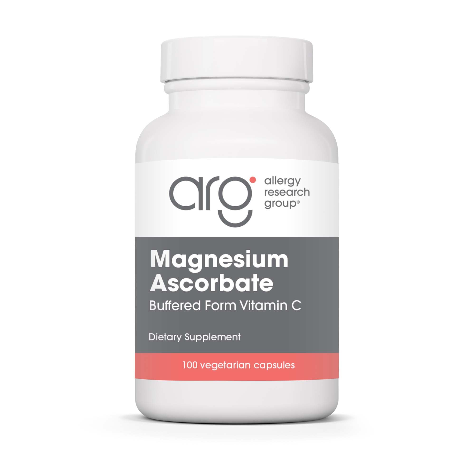 Allergy Research Group Magnesium Ascorbate bottle closeup highlighting gentle, non-acidic vitamin C for sensitive stomachs