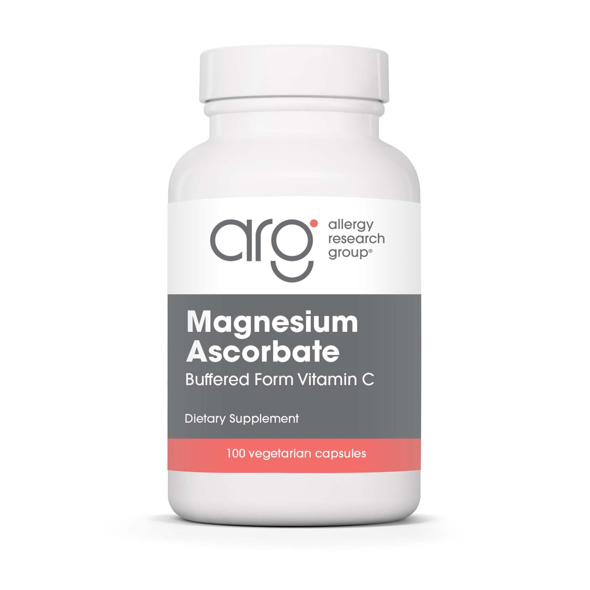 Allergy Research Group Magnesium Ascorbate bottle closeup highlighting gentle, non-acidic vitamin C for sensitive stomachs