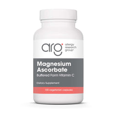 Allergy Research Group Magnesium Ascorbate bottle closeup highlighting gentle, non-acidic vitamin C for sensitive stomachs