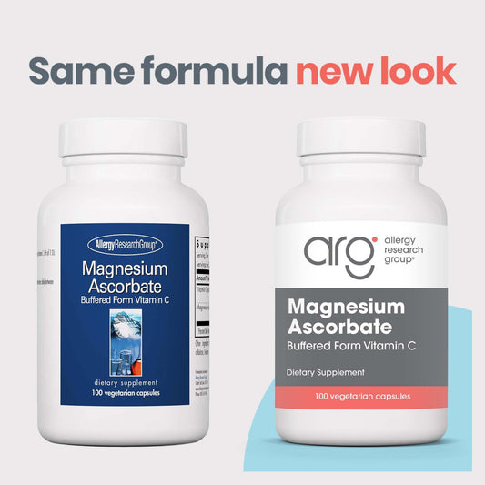 Allergy Research Group Magnesium Ascorbate capsules inside container showing easy daily dosing
