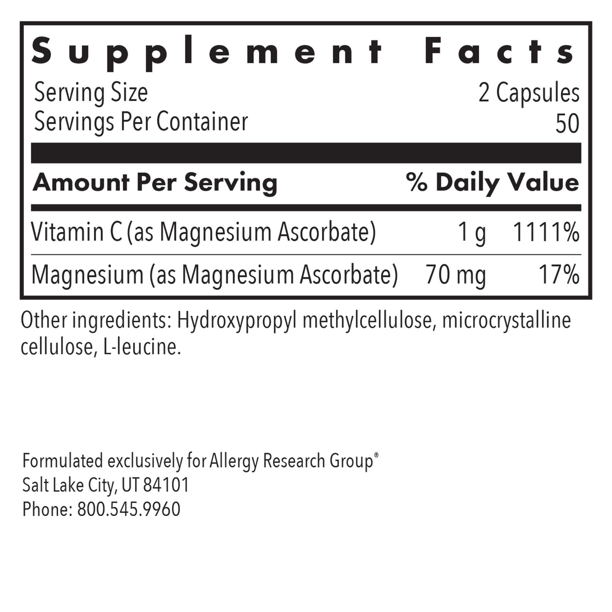 Allergy Research Group Magnesium Ascorbate label details with buffered formula information