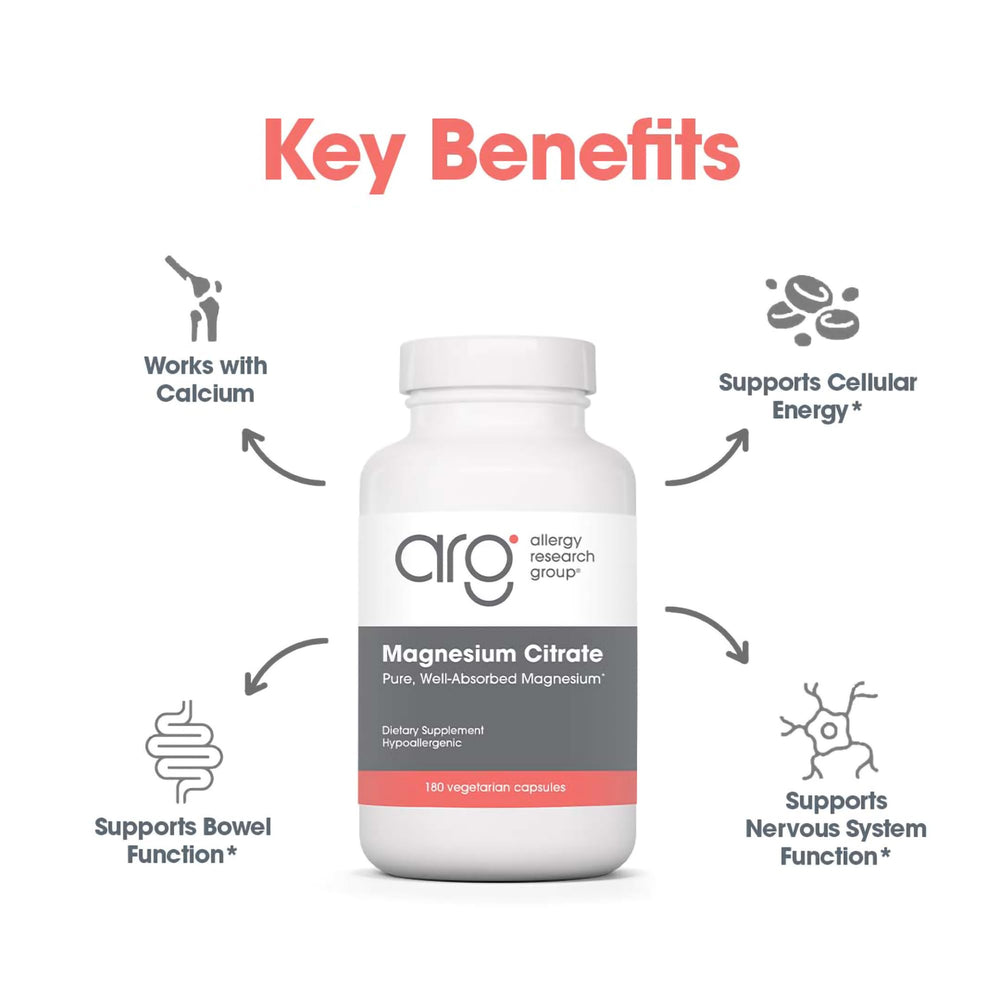 Allergy Research Group Magnesium Citrate bottle on kitchen counter during breakfast