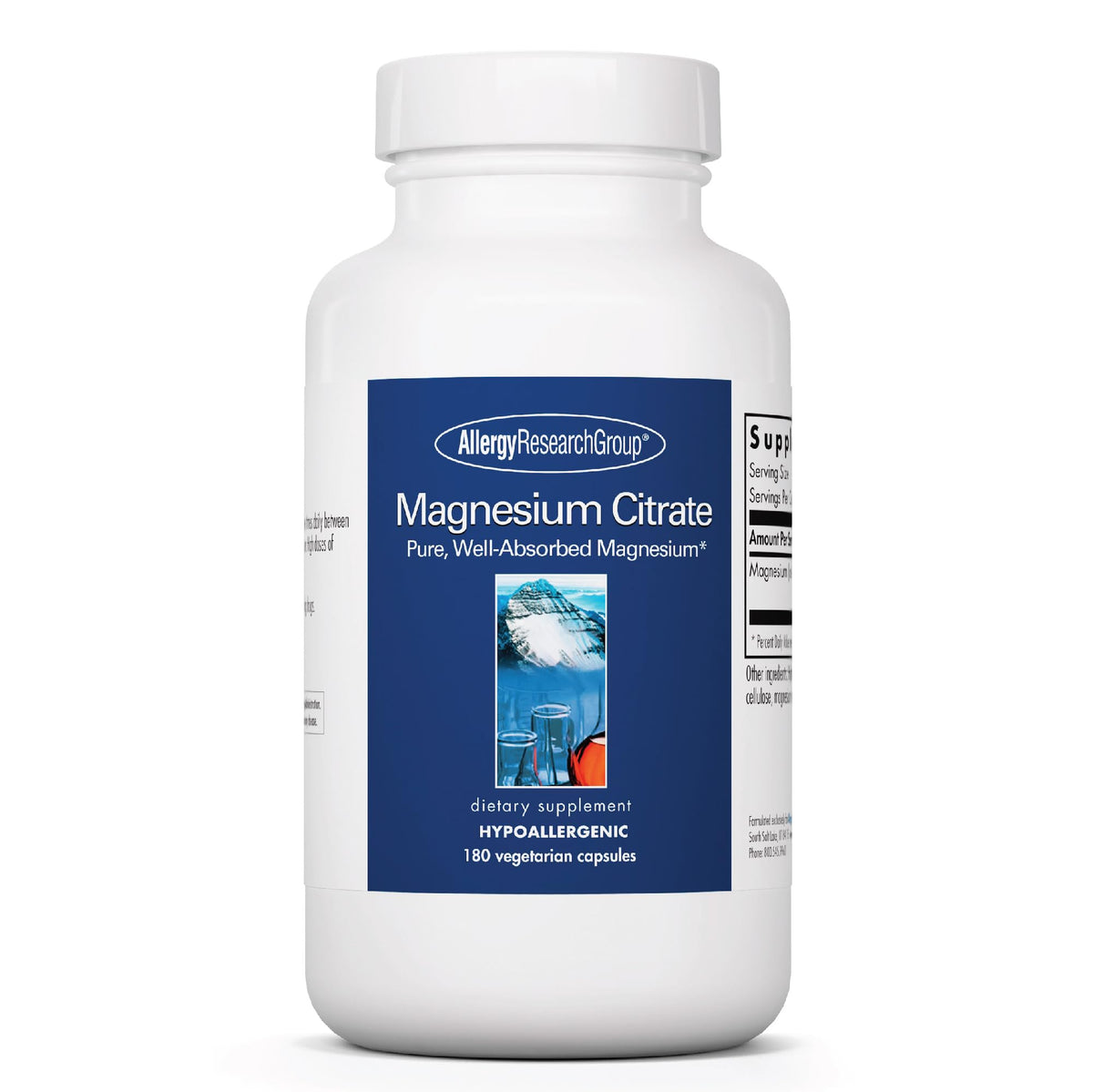 Allergy Research Group Magnesium Citrate bottle shows easy-to-swallow capsules for daily energy support