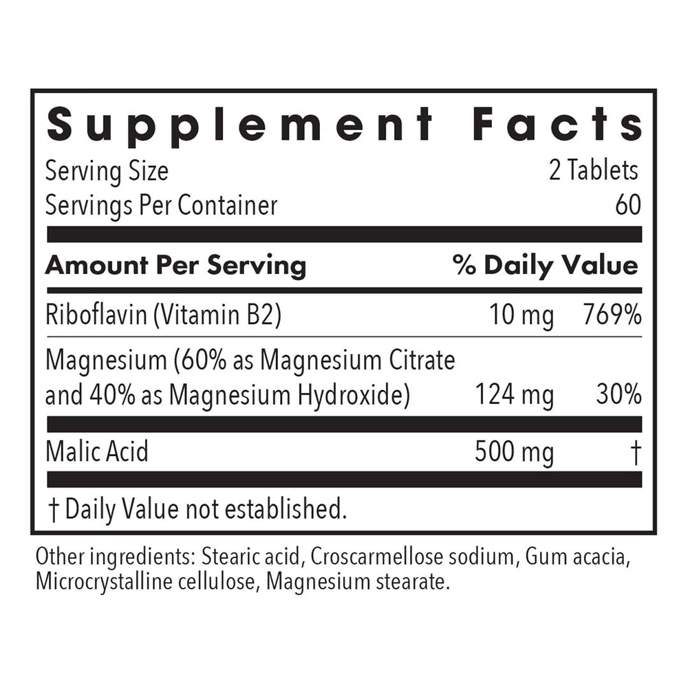 Magnesium Malate Forte label highlighting magnesium and riboflavin for energy metabolism