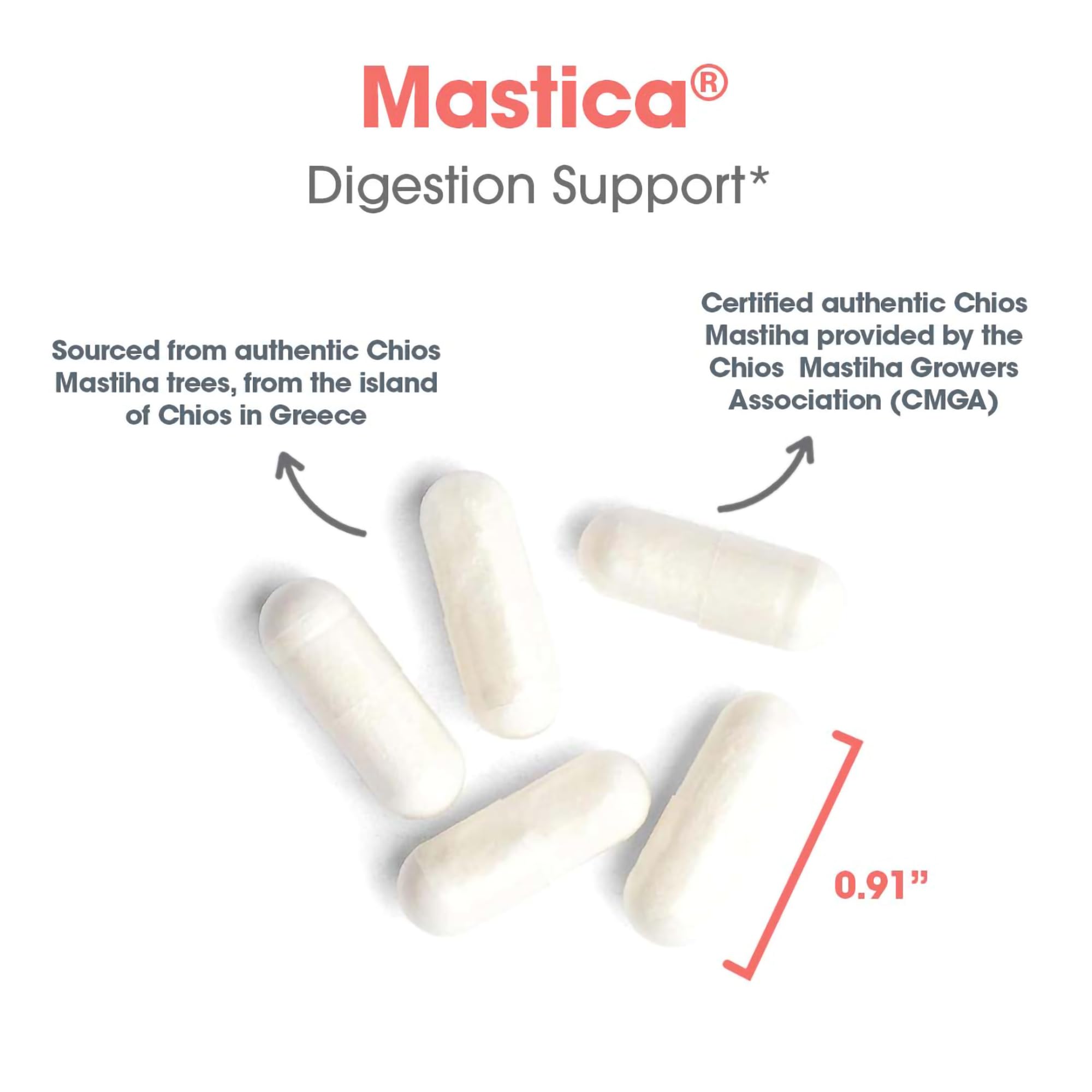 Allergy Research Group Mastica capsules illustrate digestive comfort concept.