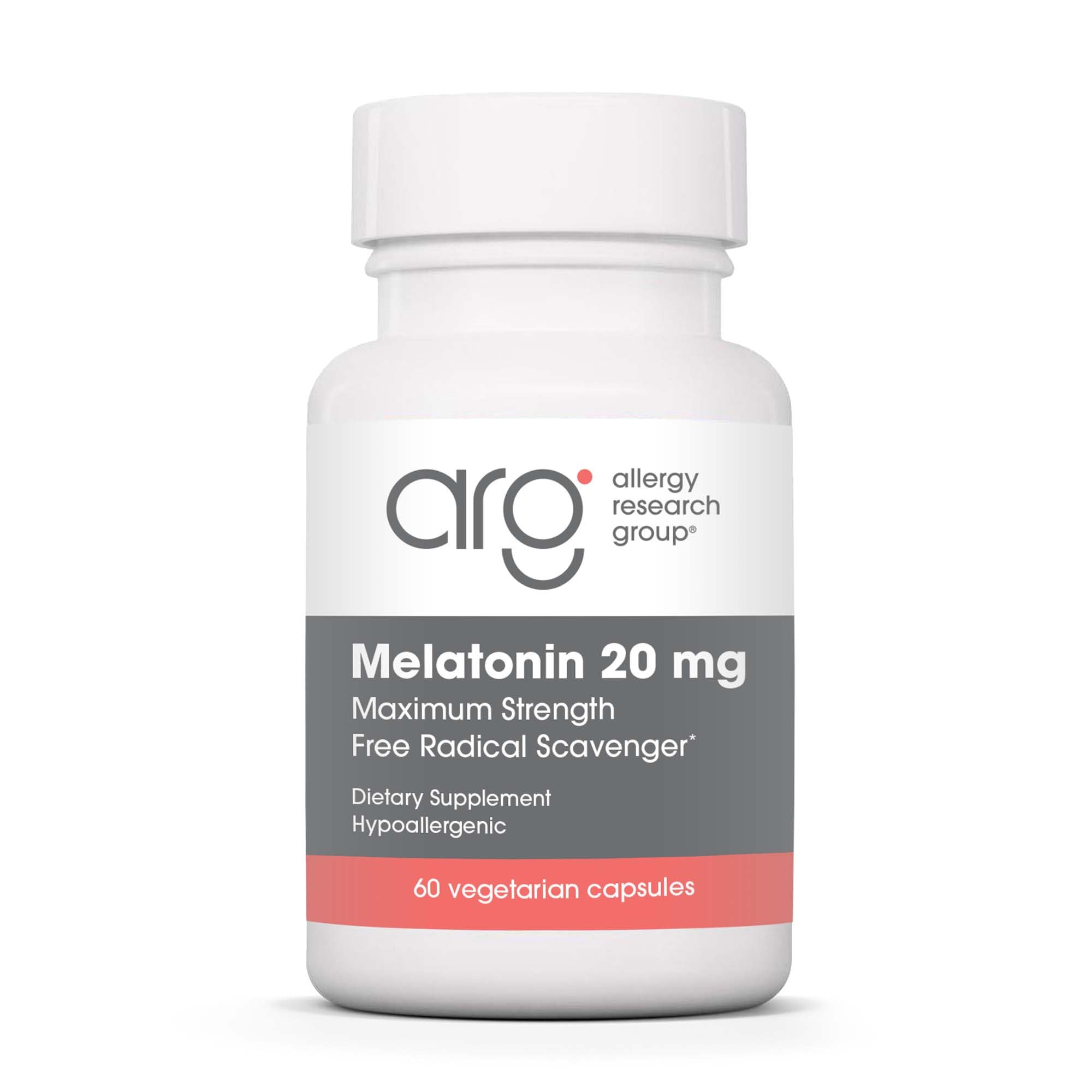 Allergy Research Group Melatonin bottle front showing 20 mg dose for sleep support.