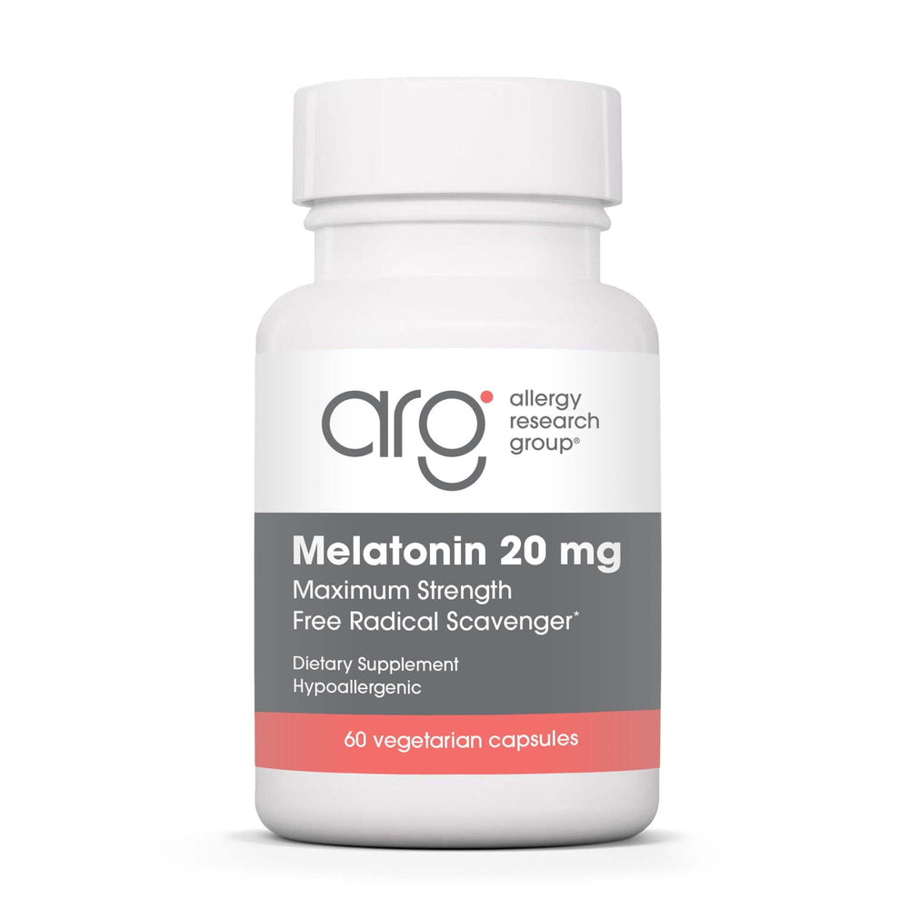 Allergy Research Group Melatonin bottle front showing 20 mg dose for sleep support.
