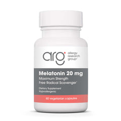 Allergy Research Group Melatonin bottle front showing 20 mg dose for sleep support.