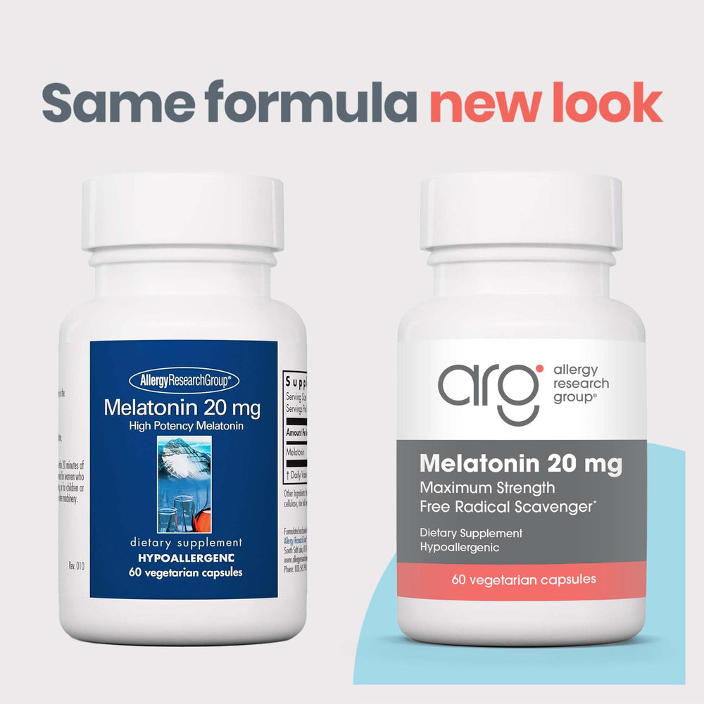 Allergy Research Group Melatonin bottle label with purity and ingredients.
