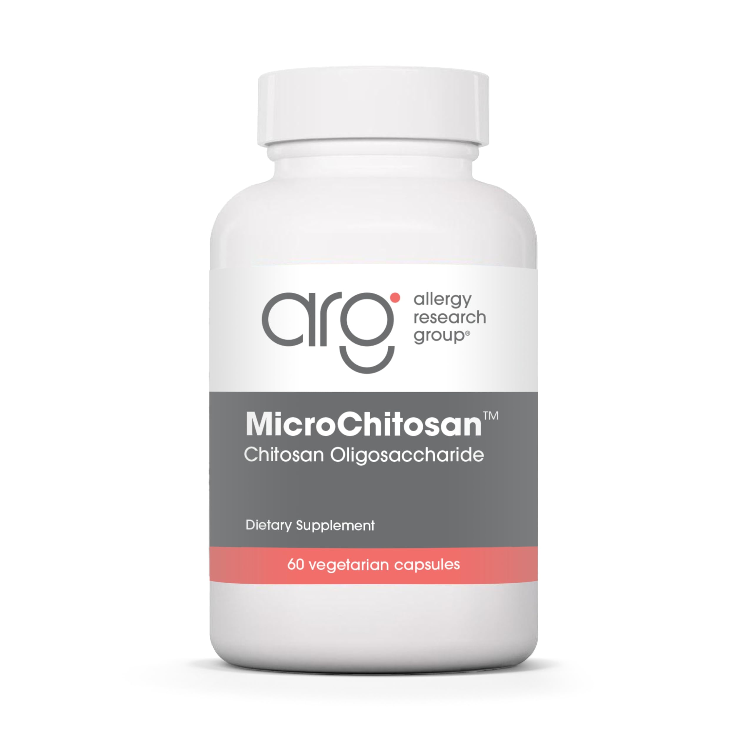 Allergy Research Group MicroChitosan bottle with detox-friendly capsules.