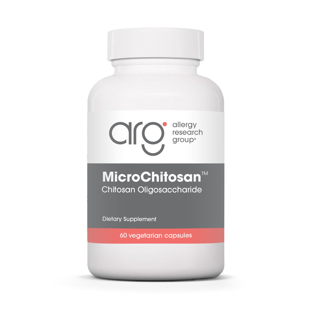 Allergy Research Group MicroChitosan bottle with detox-friendly capsules.