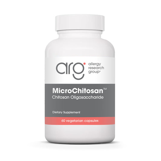 Allergy Research Group MicroChitosan bottle with detox-friendly capsules.