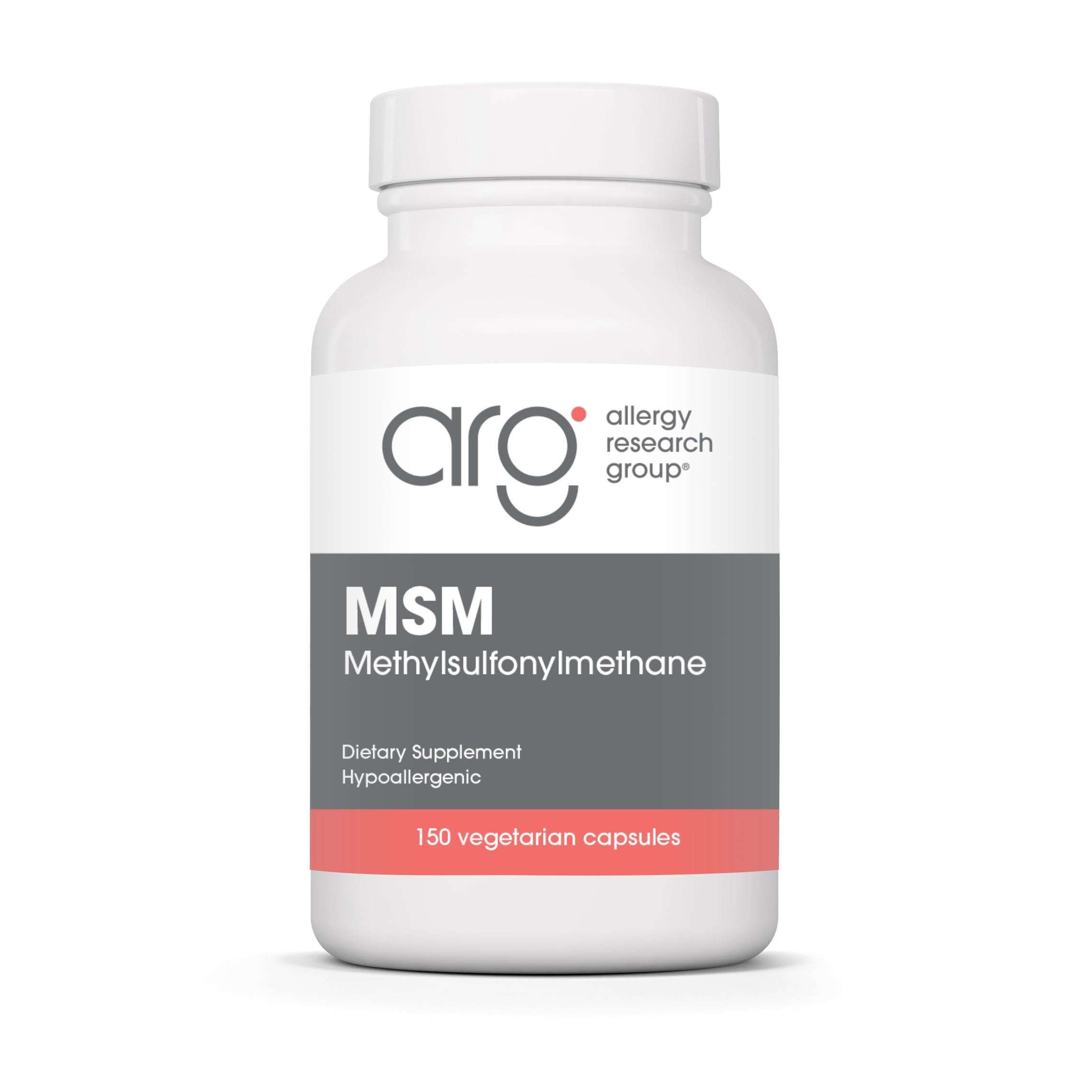 Allergy Research Group MSM powder capsules bottle for convenient sulfur support.