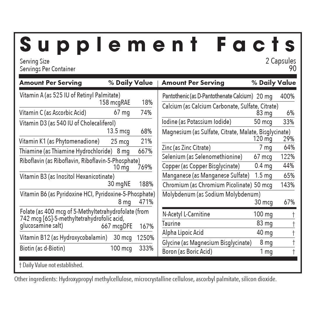 MVM-A bottle label displaying key vitamins and minerals for daily nutrition.