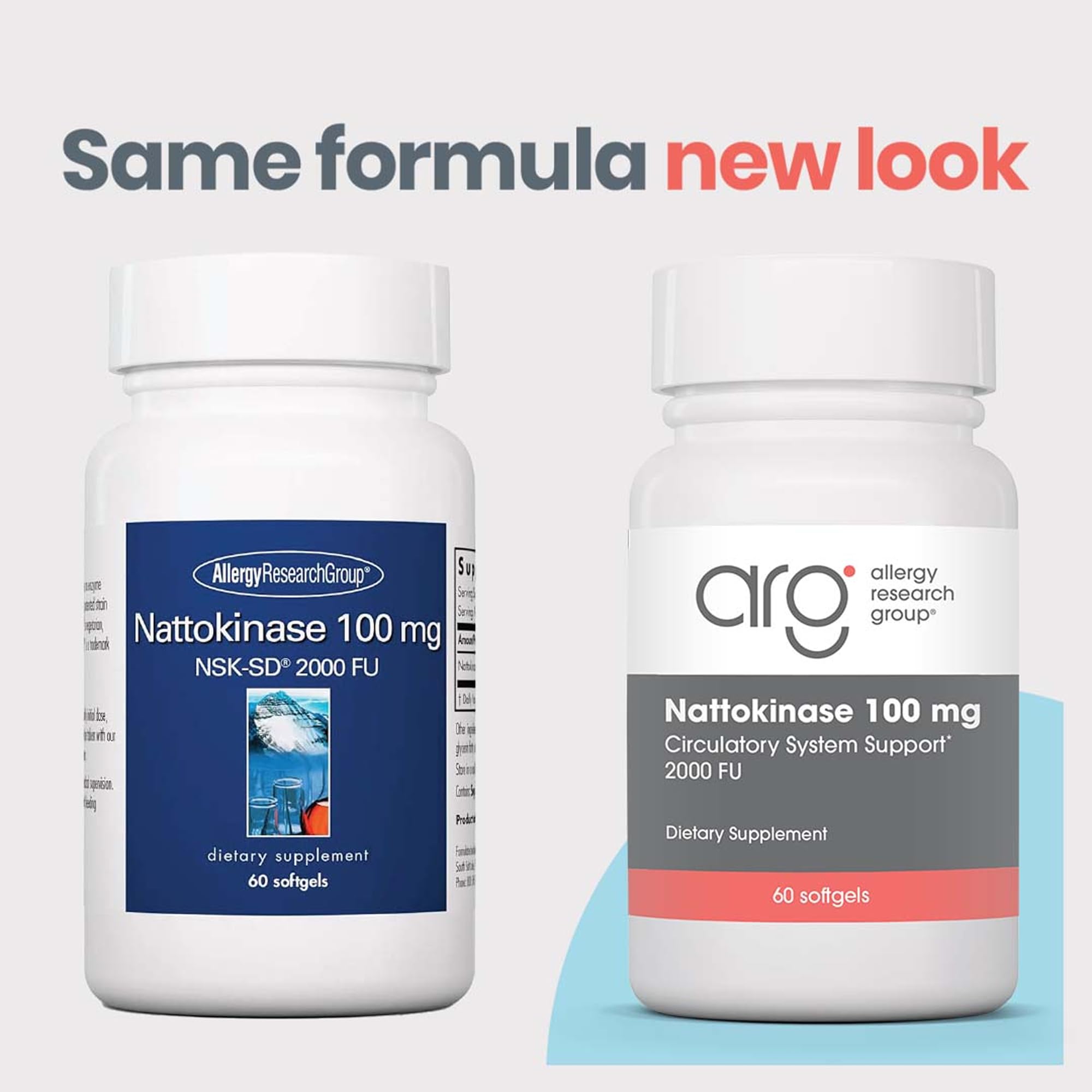 Allergy Research Group nattokinase 100 mg softgels close-up shows easy dosing.
