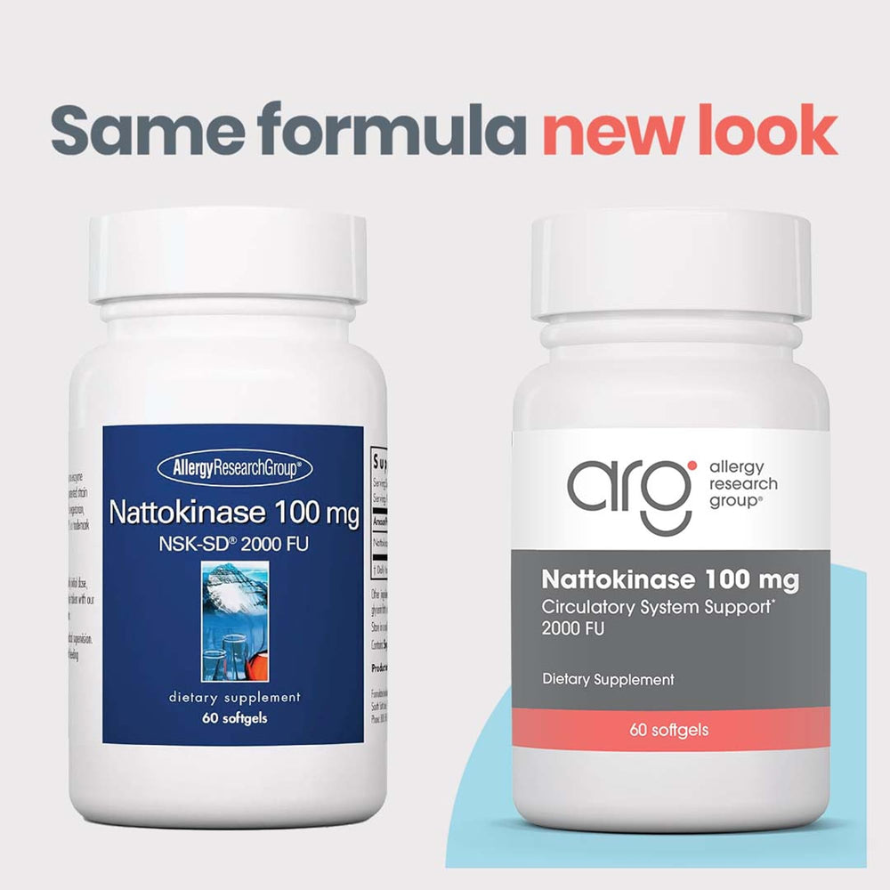 Allergy Research Group nattokinase 100 mg softgels close-up shows easy dosing.