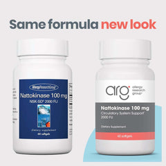 Allergy Research Group nattokinase 100 mg softgels close-up shows easy dosing.