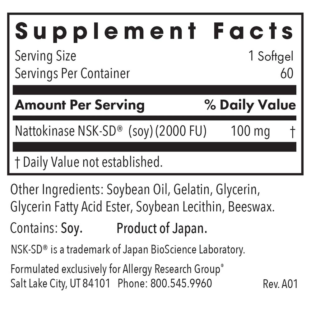 Allergy Research Group nattokinase NSK-SD label close-up demonstrates potency.