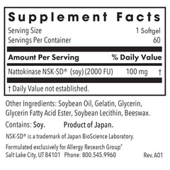 Allergy Research Group nattokinase NSK-SD label close-up demonstrates potency.