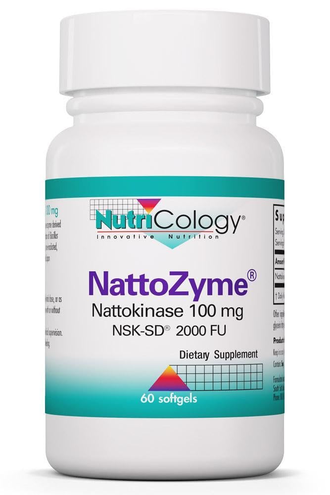 Allergy Research Group NattoZyme 100 mg bottle shows NSK-SD nattokinase for circulatory support.