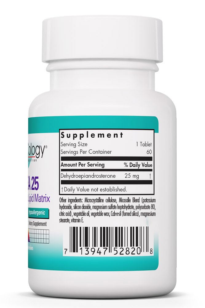 Allergy Research Group NutriCology DHEA 25mg packaging shows scored tablets for precise dosing.