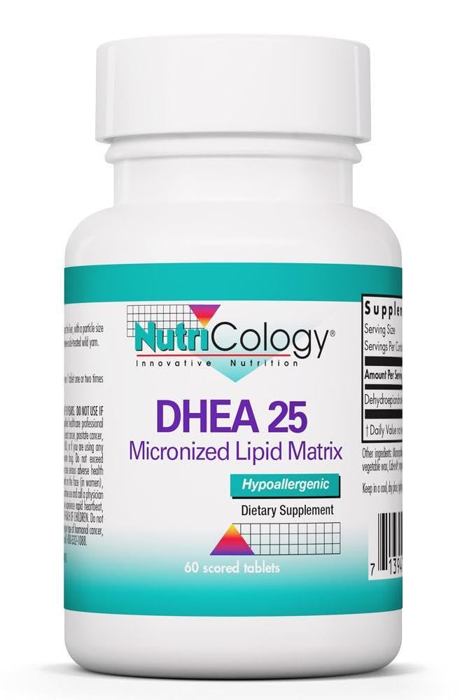Allergy Research Group NutriCology DHEA 25mg tablets close-up highlighting purity and micronized size.