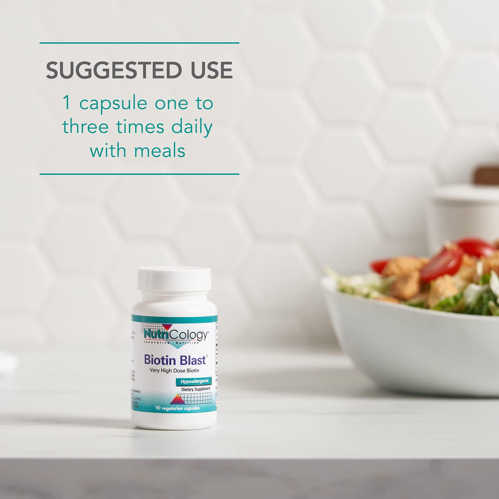 Nutricology HiBiotin vegetarian capsules on a clean label backdrop.