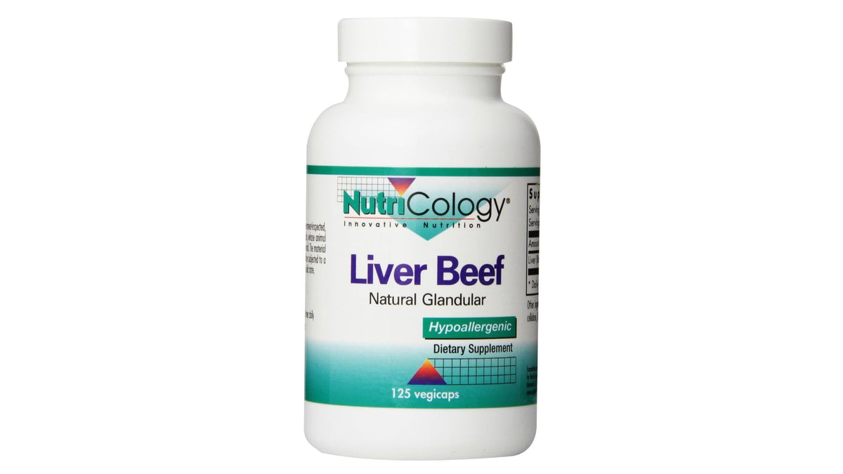 Allergy Research Group Nutricology Liver Beef VegiCaps bottle front for convenient daily use.