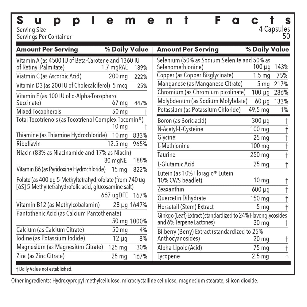Ocudyne II label showing QuatreActiv Folate and FloraGLO lutein ingredients
