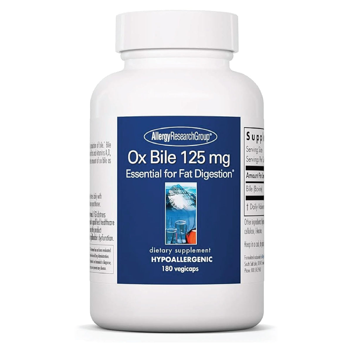 Allergy Research Group Oxbile 125mg bottle on display supports digestive comfort.
