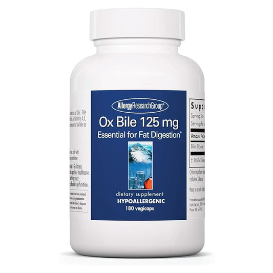 Allergy Research Group Oxbile 125mg bottle on display supports digestive comfort.