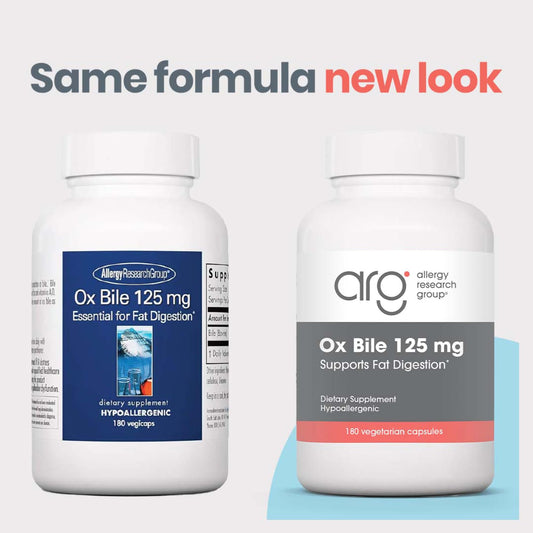 Allergy Research Group Oxbile 125mg capsules in close-up for easy fat digestion.