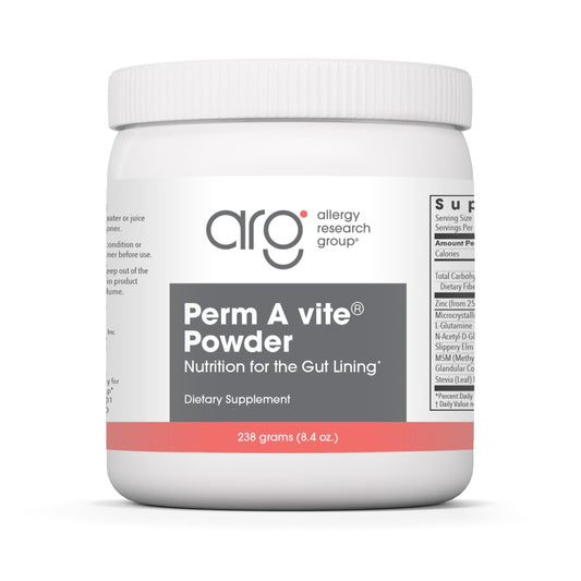 Allergy Research Group Perm A Vite Powder tub front signaling gut support for daily wellbeing