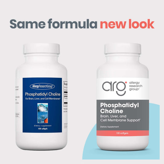 Allergy Research Group phosphatidylcholine softgels poured for daily energy support.