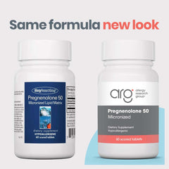ARG Pregnenolone tablets closeup highlighting tablet shape for daily supplementation.