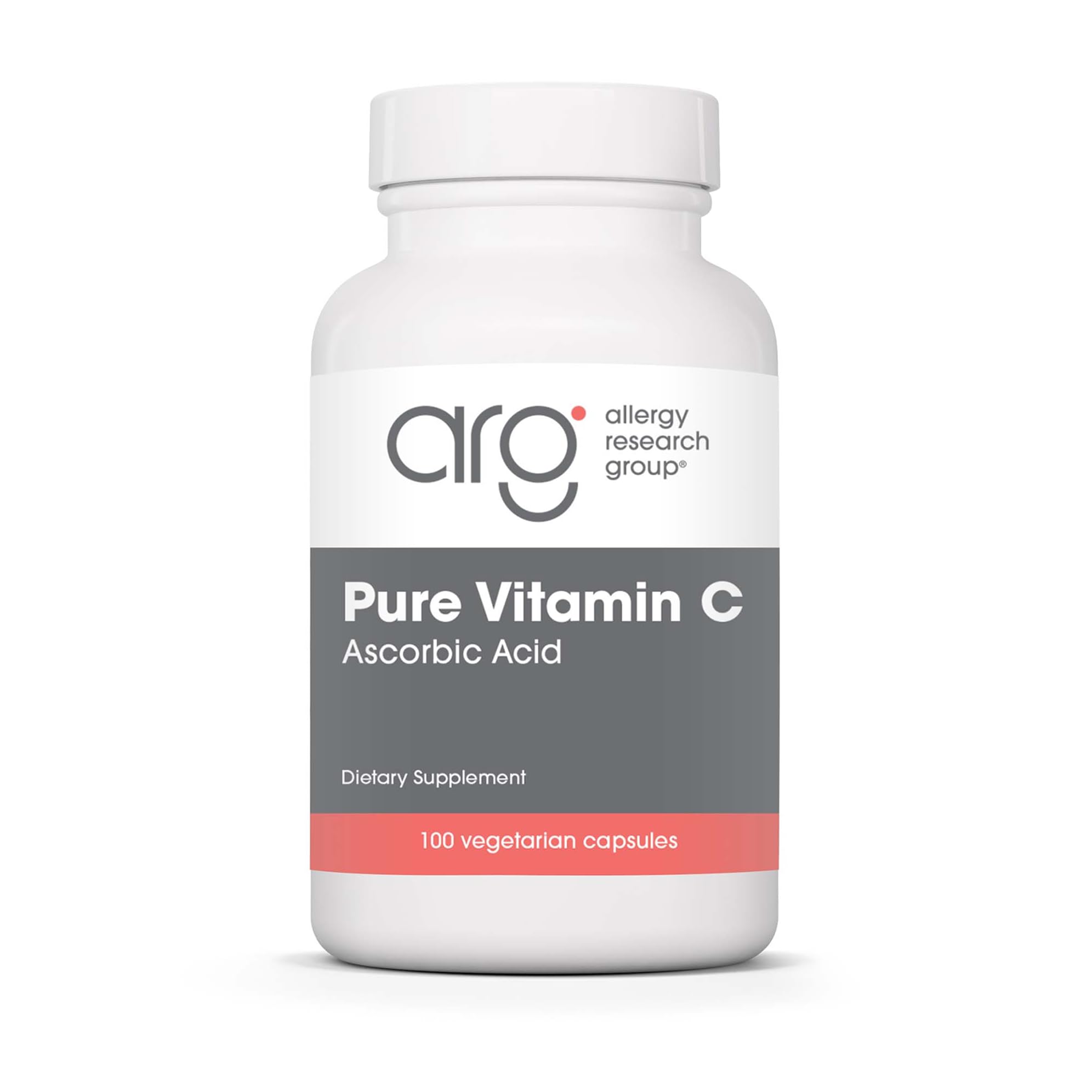 Allergy Research Group Pure Vitamin C bottle with capsules for immune support and mild acidity.