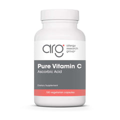 Allergy Research Group Pure Vitamin C bottle with capsules for immune support and mild acidity.