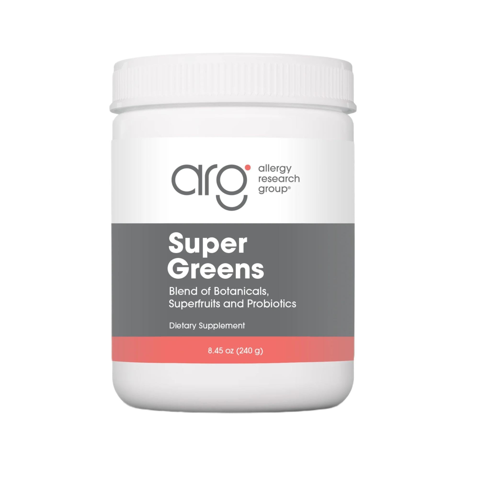 All Allergy Research Group Super Greens bottle pour for quick daily nutrition.