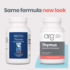 Close-up of Allergy Research Group thymus supplement capsules