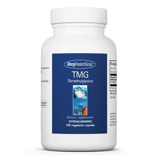 Allergy Research Group TMG bottle shows high-purity trimethylglycine for daily wellness.