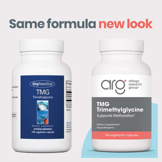 Allergy Research Group TMG capsules close-up highlights 750 mg per serving.