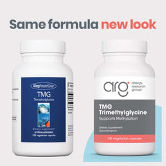 Allergy Research Group TMG capsules close-up highlights 750 mg per serving.