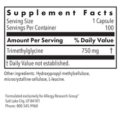 Allergy Research Group TMG label detail confirms vegetarian and hypoallergenic formula.