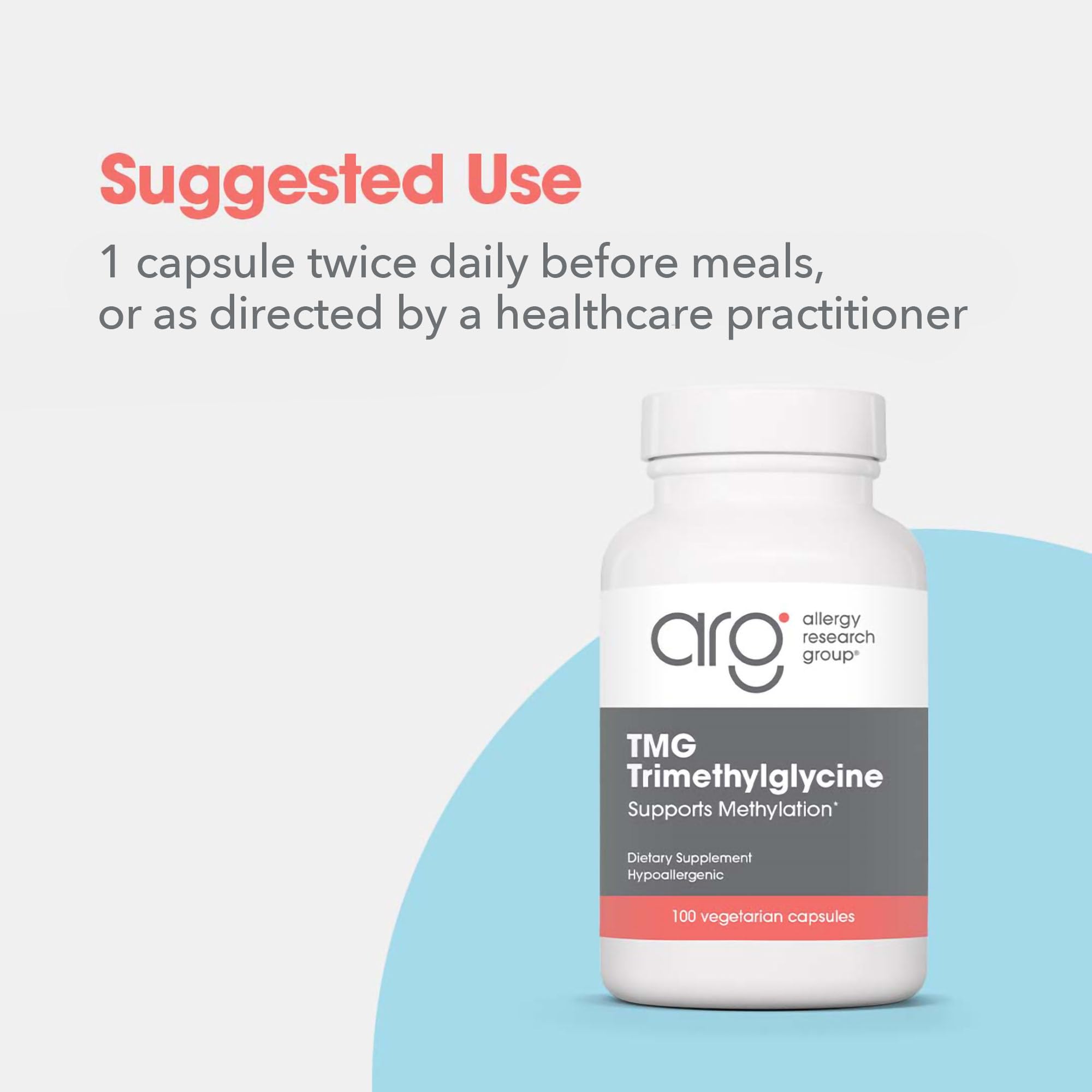 Allergy Research Group TMG packaging shot shows 100 servings and long-term value.