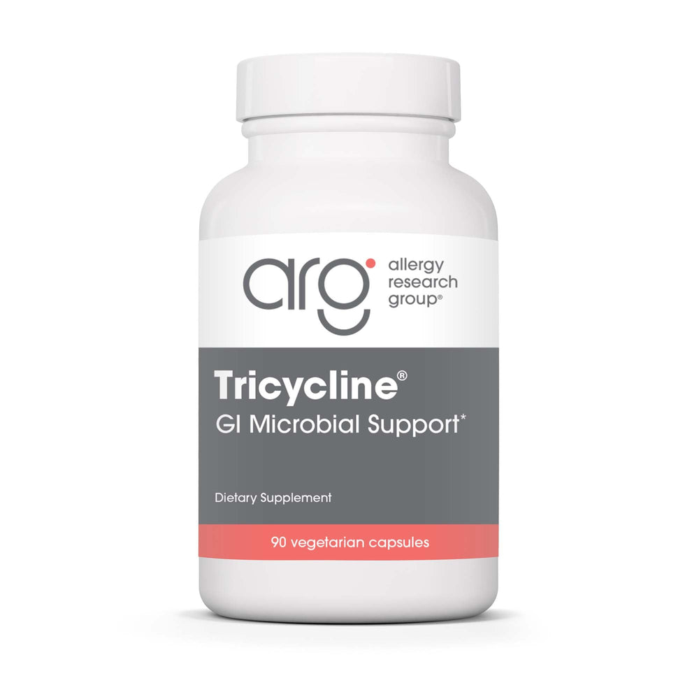 Allergy Research Group Tricycline bottle on table highlighting GI balance support.