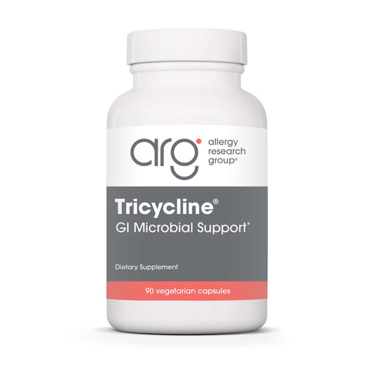 Allergy Research Group Tricycline bottle on table highlighting GI balance support.